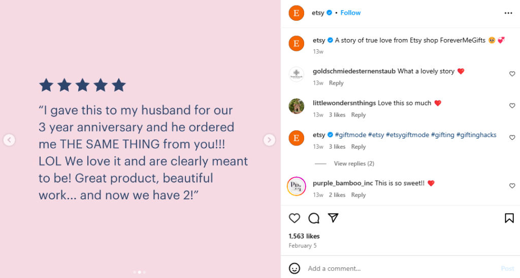 User testimonial post by Etsy on Instagram