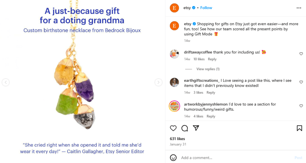 An Instagram post by Etsy advertising gifts for grandmothers